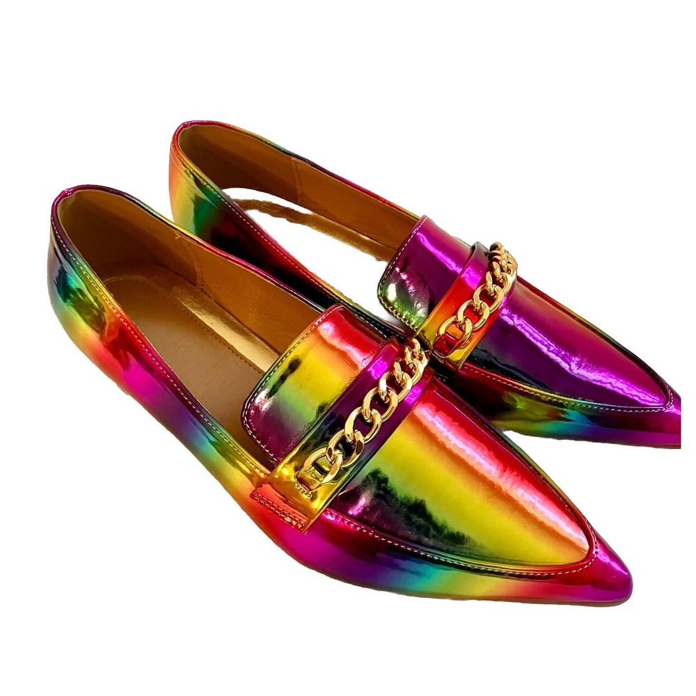 NWOT Shoes Sz 10.5 flat iridescent Rainbow  metallic Chain festival‎ Coachella
